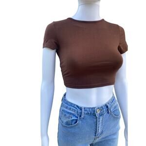 Shein Womens Size S Brown Short Sleeve Crop Top Tie Back Shirt